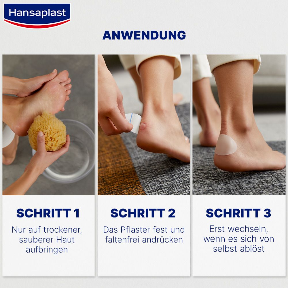 Anwendung von HANSAPLAST Blasen-Pflaster. Schritte: trockene Haut, Pflaster aufkleben, wechseln bei Ablösung.