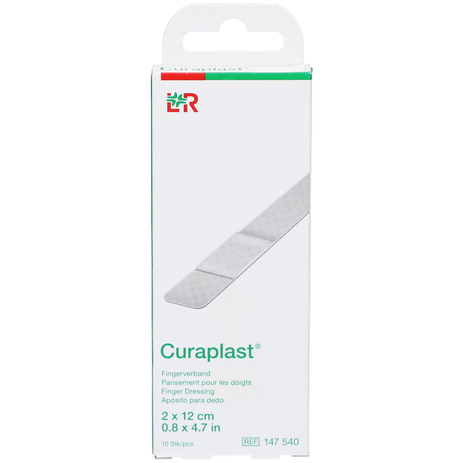 Verpackung CURAPLAST® Fingerverband. Weißer Karton mit Produktabbildung und grünen Akzenten. Produktname und Größenangabe.