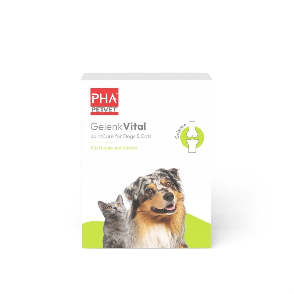 Weiße Verpackung mit Produktnamen und Logo. Abbildung eines Hundes und einer Katze. Text: GelenkVital.