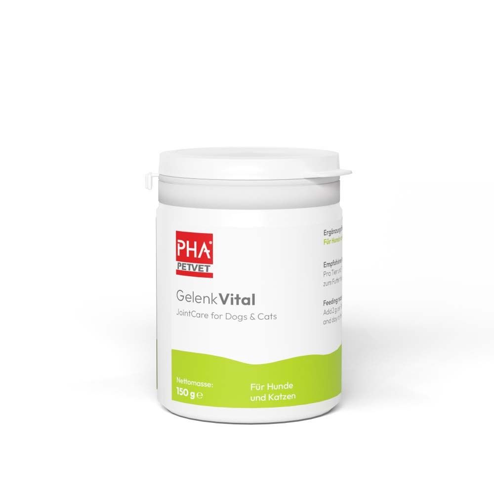 Weiße Dose mit Deckel. Produktname und Logo. Text: GelenkVital. Grüne Beschriftung. 150g.