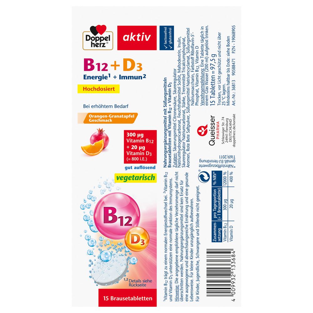 Rückseite der Verpackung von Doppelherz aktiv B12 + D3 Brausetabletten. Produktinformationen und Inhaltsstoffe.