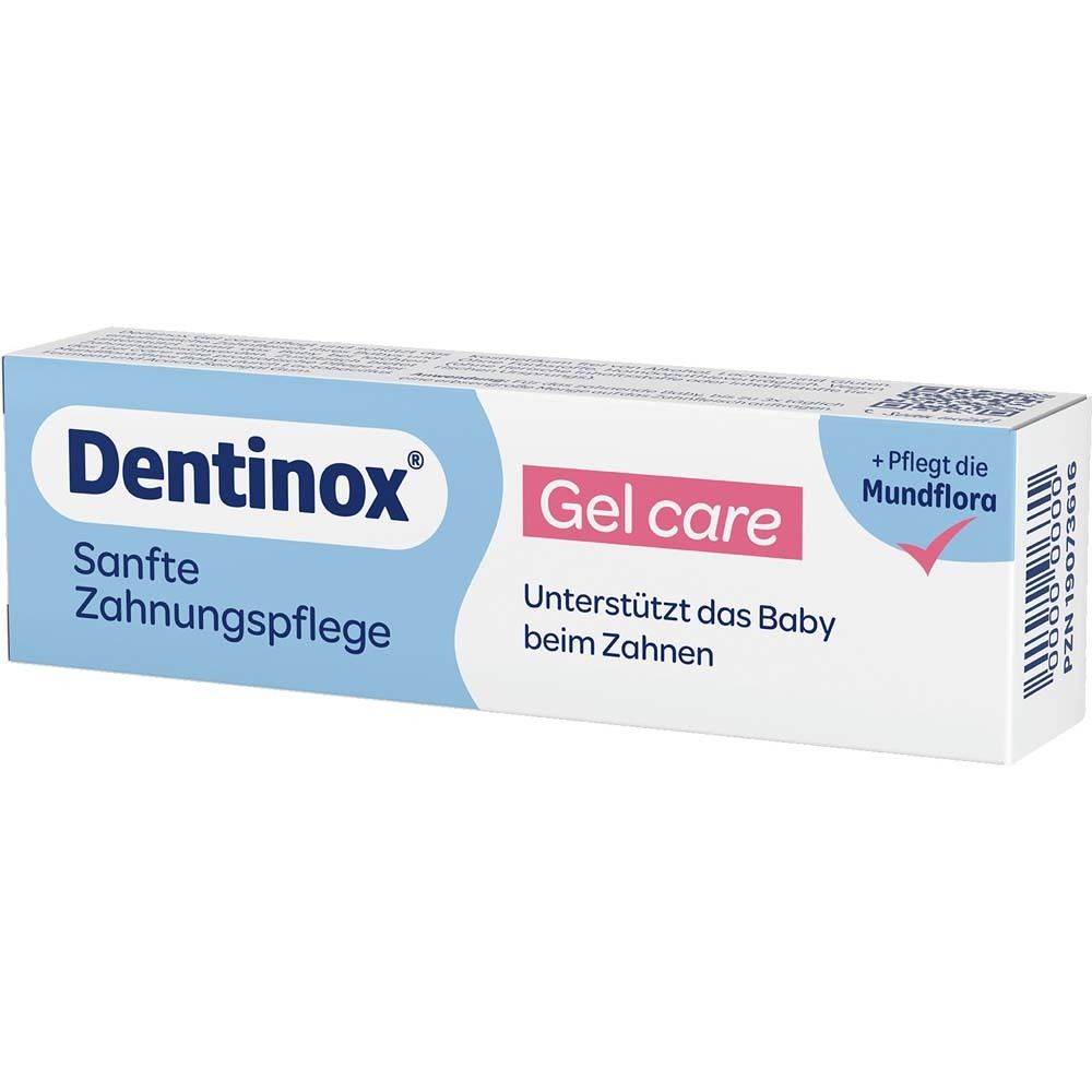 Schachtel mit Dentinox Gel care. Aufschrift: Dentinox, Gel care, sanfte Zahnpflege. Text: Unterstützt das Baby beim Zahnen.