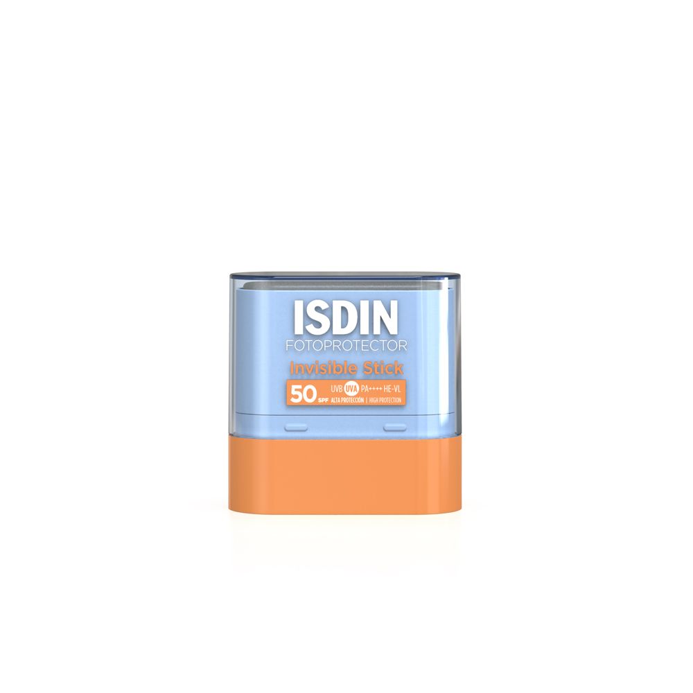 ISDIN Fotoprotector Invisible Stick. Blauer und orangefarbener Stick in quadratischer Verpackung.