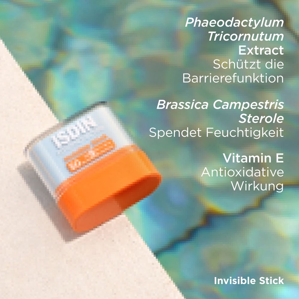 ISDIN Invisible Stick und Inhaltsstoffe: Phaeodactylum tricornutum, Brassica campestris, Vitamin E.
