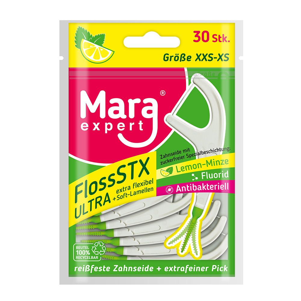 Verpackung mit Mara expert® FlossSTX Zahnseidesticks. 30 Stück, Größe XXS-XS. Grün-weißes Design mit Produktabbildung und Lemon-Minze-Hinweis.