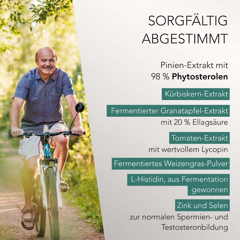 Mann auf dem Fahrrad. Text: Inhaltsstoffe wie Pinien-Extrakt, Kürbiskern-Extrakt, fermentierter Granatapfel-Extrakt.