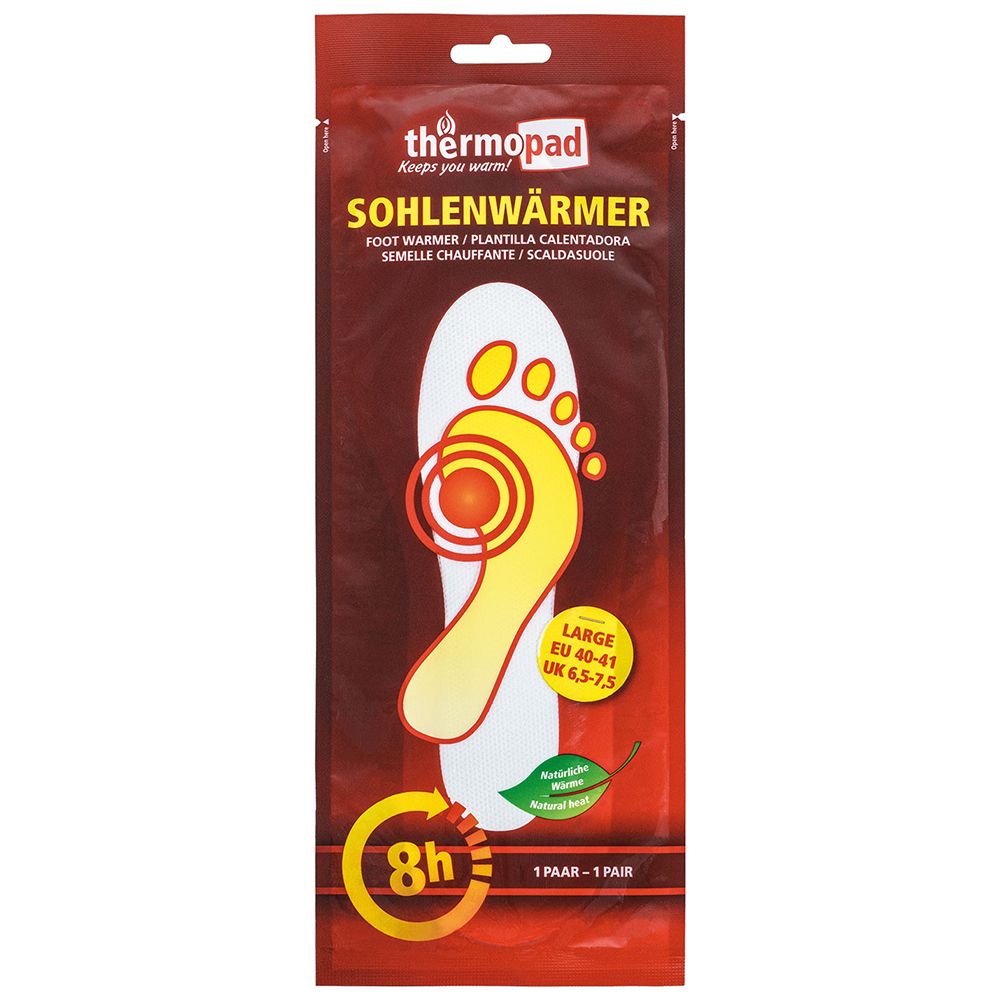 Verpackung mit thermopad® Sohlenwärmer. Gelbe Fußform mit rotem Wärmekreis. Text: Sohlenwärmer, 8h, EU 40-41, 1 Paar.