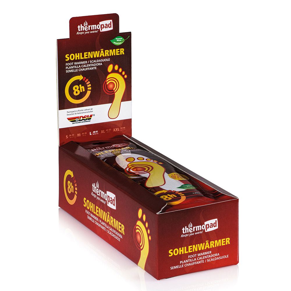 Verkaufsdisplay mit thermopad® Sohlenwärmer. Rote Verpackung mit Produktnamen und Fuß-Illustration. 8h Wärme.
