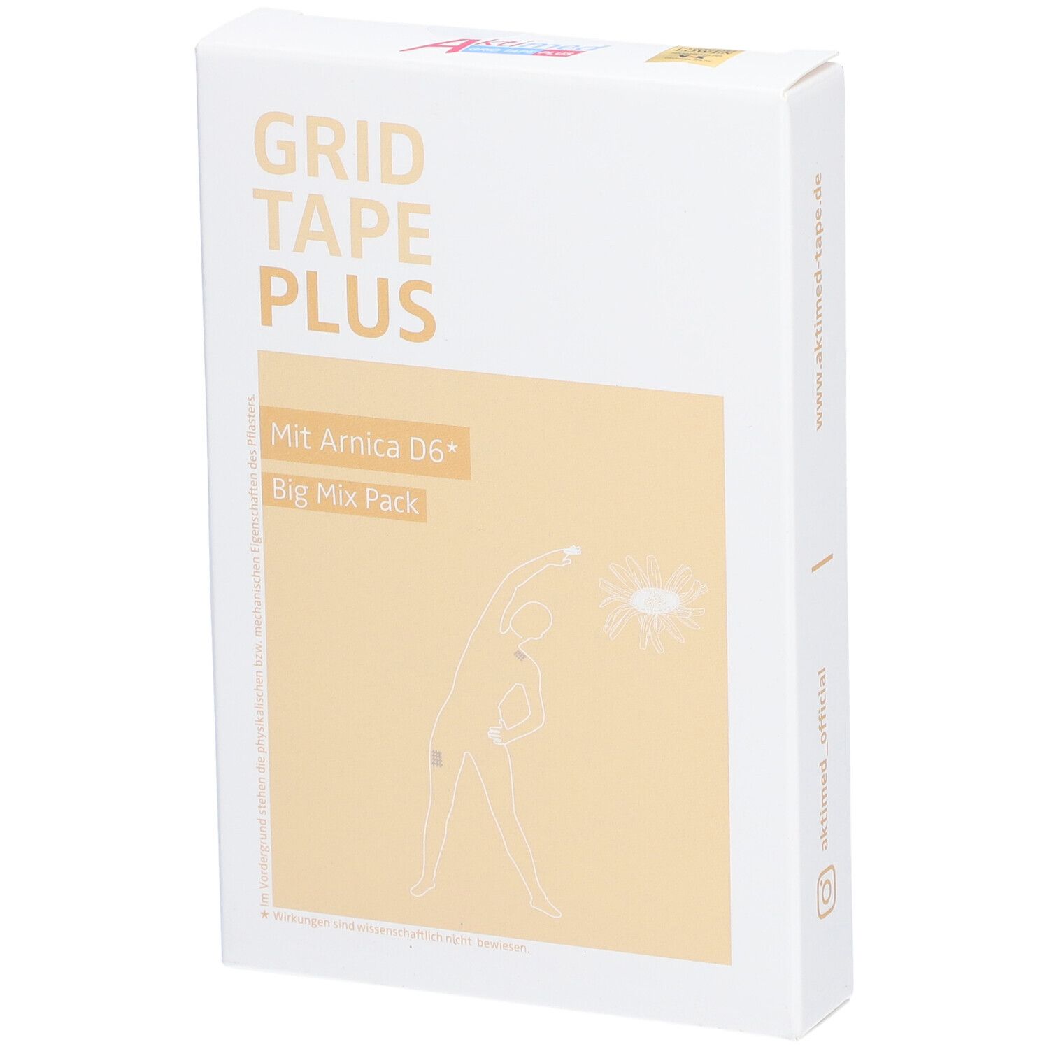 Weiße Verpackung von Grid Tape Plus. Aufschrift: Mit Arnica D6. Big Mix Pack. Abbildung einer Person.