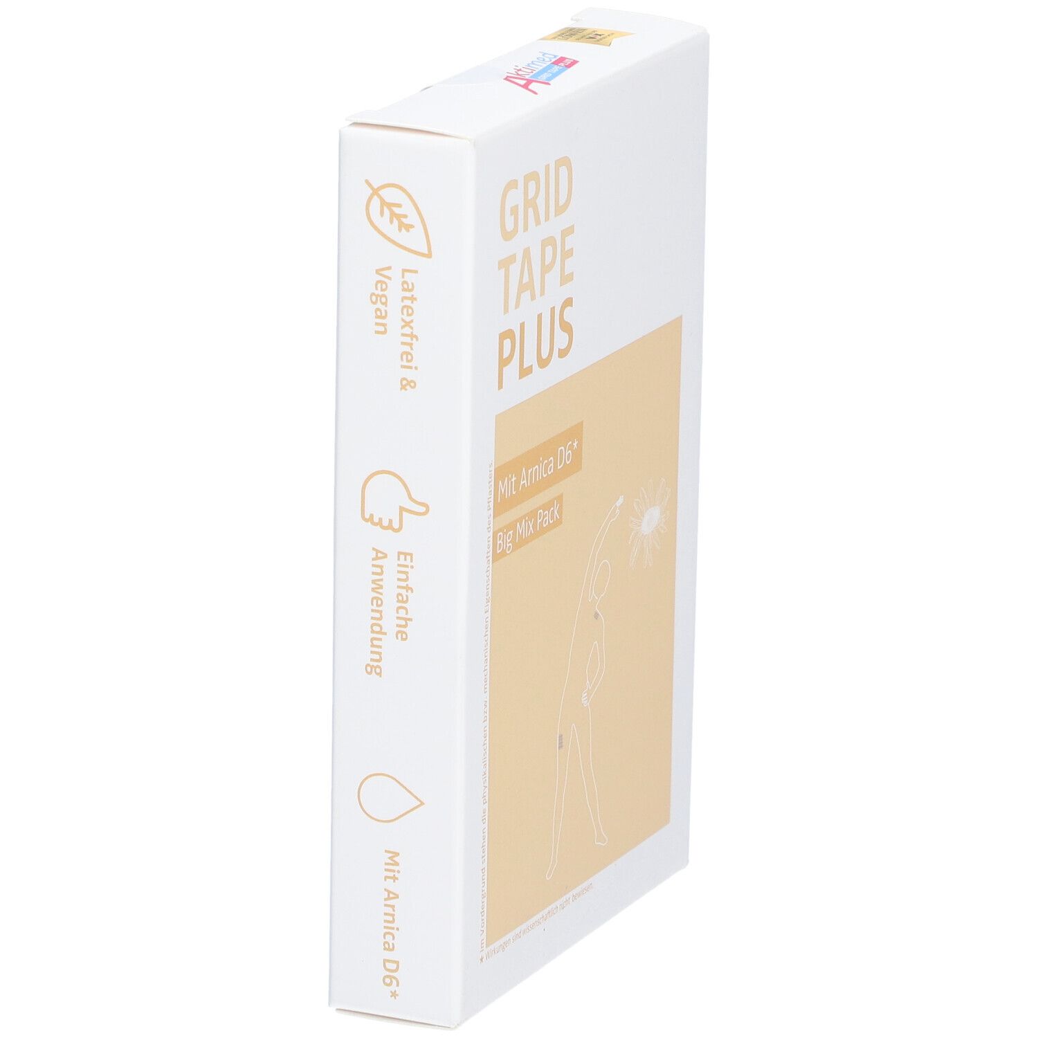 Weiße Verpackung von Grid Tape Plus. Aufschrift: Latexfrei & Vegan. Einfache Anwendung. Mit Arnica D6.