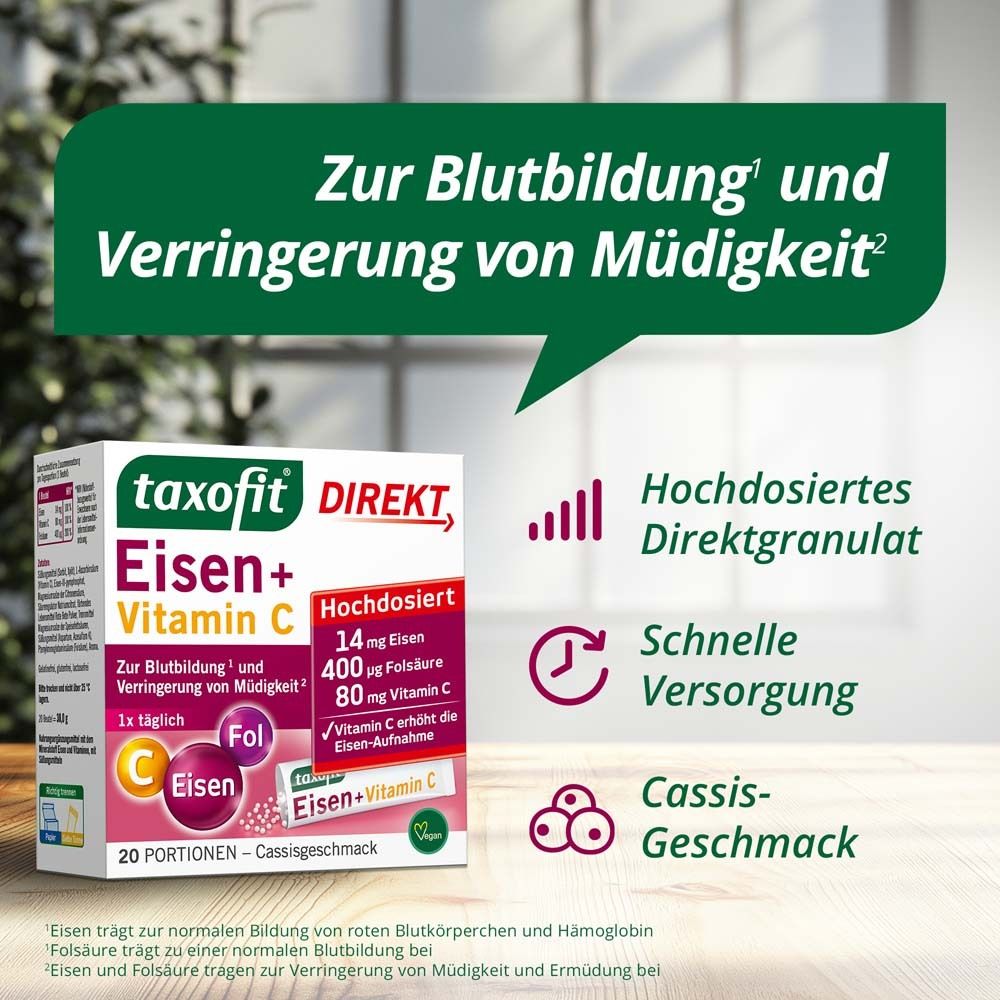 Verpackung von taxofit® Eisen + Vitamin C Direkt-Granulat. Produktinformationen und Vorteile. Direktgranulat, schnelle Versorgung, Cassis-Geschmack.