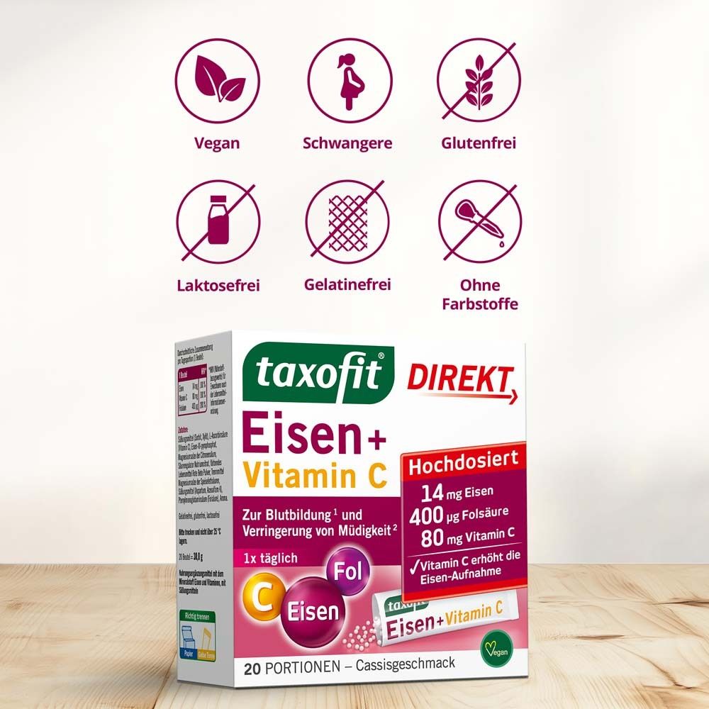 Verpackung von taxofit® Eisen + Vitamin C Direkt-Granulat. Vegan, Schwangere, glutenfrei, laktosefrei, gelatinefrei, ohne Farbstoffe.