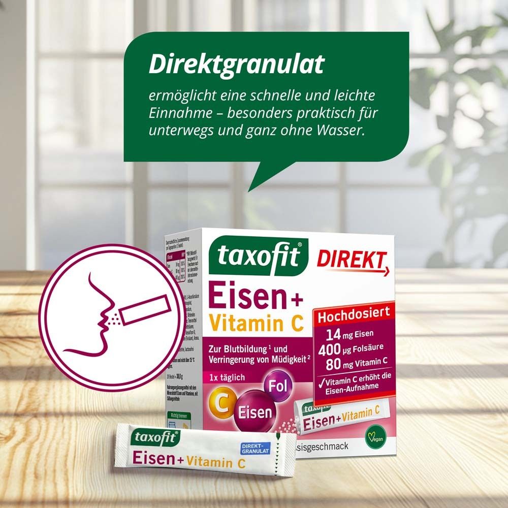 Verpackung und Beutel von taxofit® Eisen + Vitamin C Direkt-Granulat. Direktgranulat, schnelle und leichte Einnahme ohne Wasser.