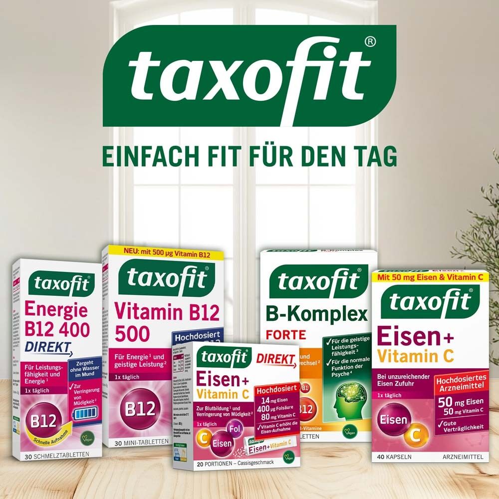 Verschiedene taxofit® Produkte. taxofit® Eisen + Vitamin C Direkt-Granulat, B12, B-Komplex, Energie, Vitamin B12 500.