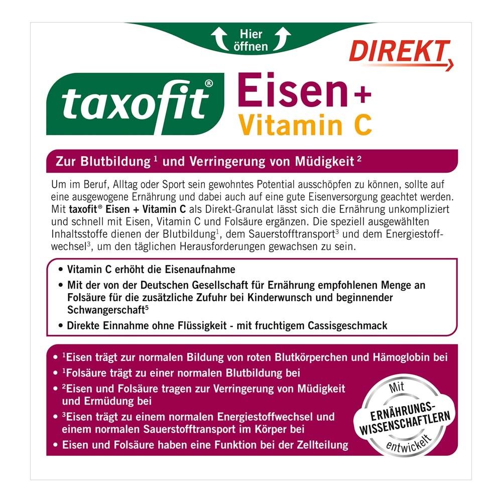 Rückseite der Verpackung von taxofit® Eisen + Vitamin C Direkt-Granulat. Informationen zur Anwendung und Inhaltsstoffe.
