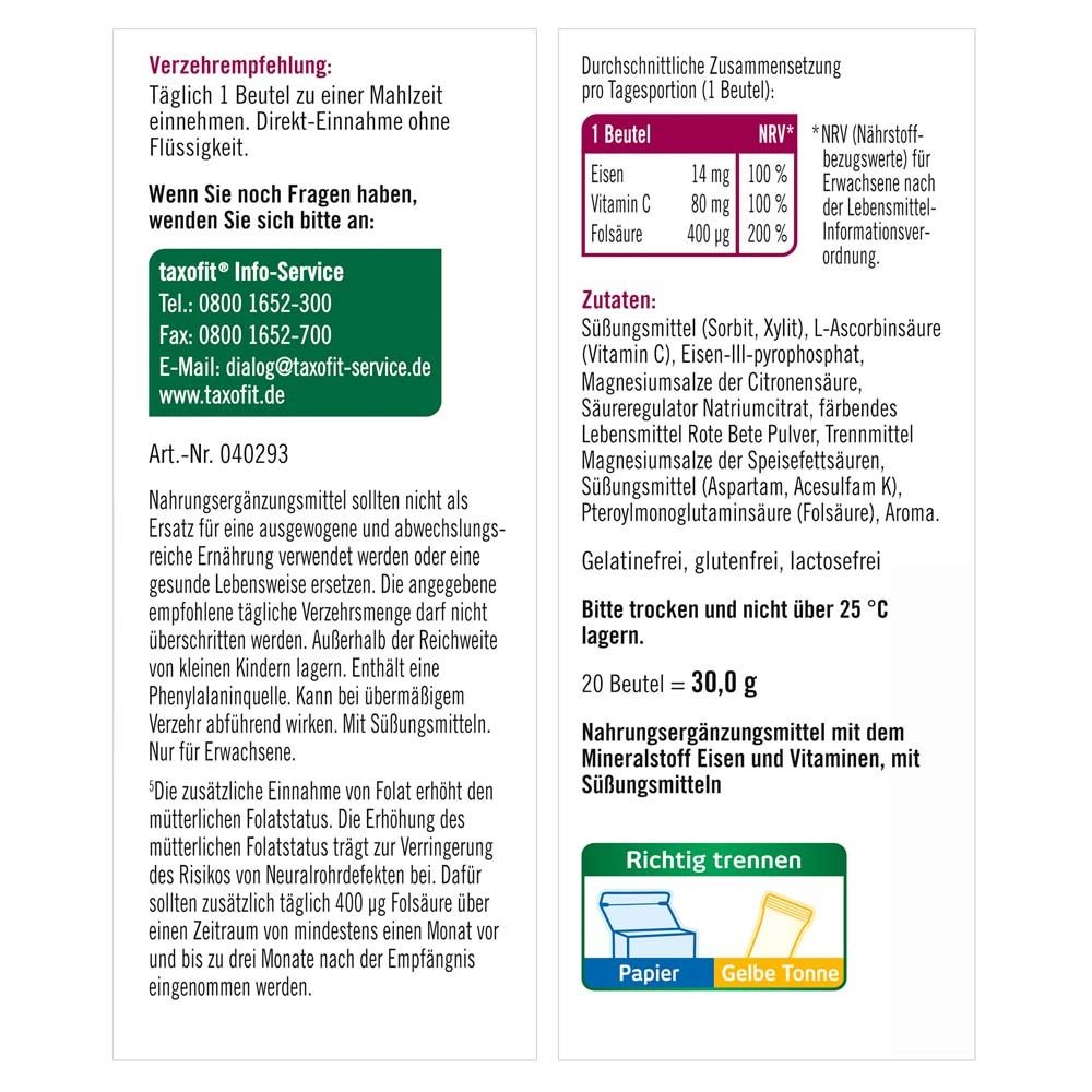 Informationen zur Zusammensetzung und Verzehrempfehlung von taxofit® Eisen + Vitamin C Direkt-Granulat. 20 Beutel.