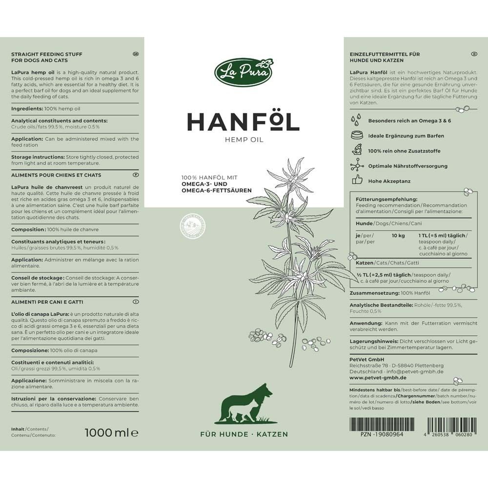 Etikett mit Text und Illustrationen. Produktname: Hanföl. Text in mehreren Sprachen. 1000 ml.