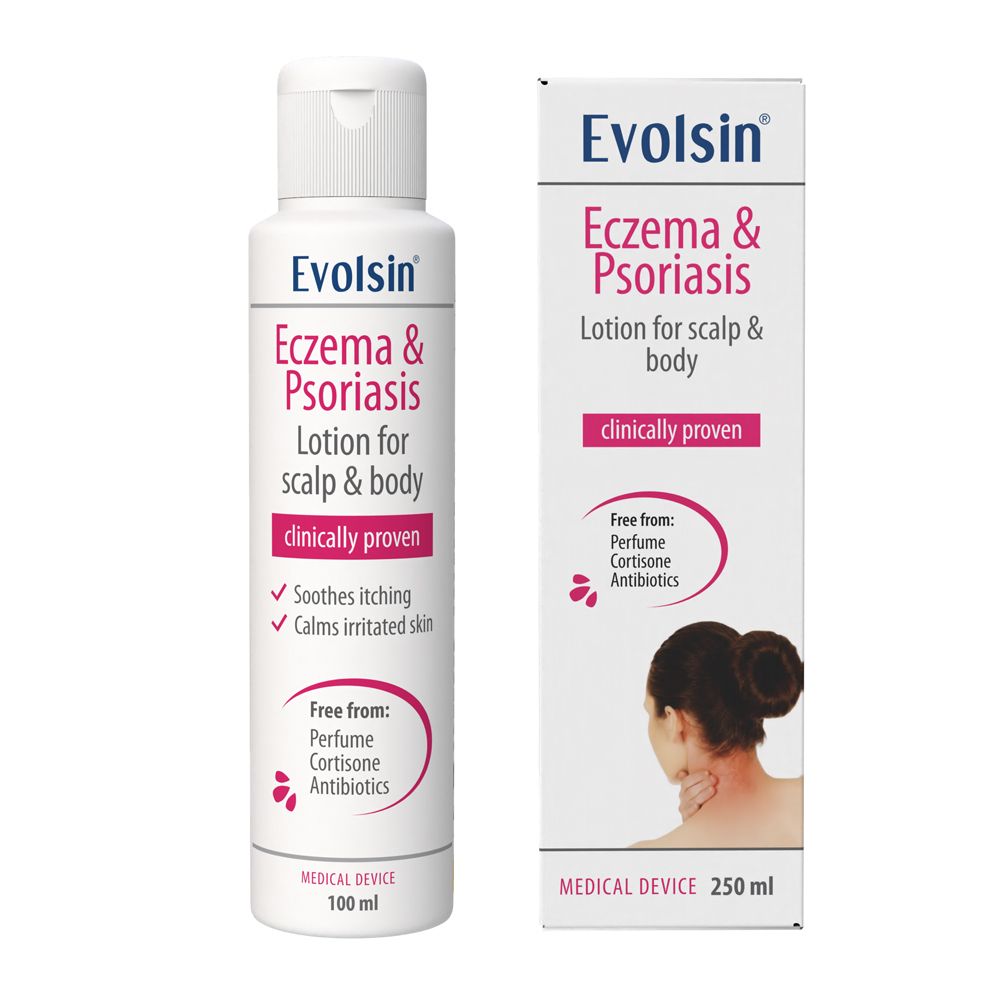 Weiße Flasche mit Lotion. Text: Evolsin Psoriasis & Ekzem Lotion für Kopfhaut & Körper. 100 ml. Medizinprodukt.