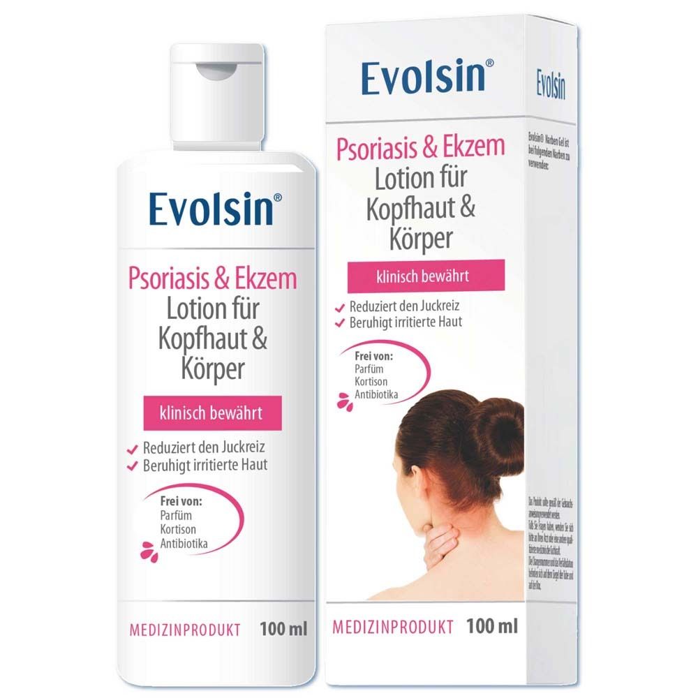 Weiße Flasche mit Lotion. Text: Evolsin Psoriasis & Ekzem Lotion für Kopfhaut & Körper. 100 ml. Medizinprodukt.
