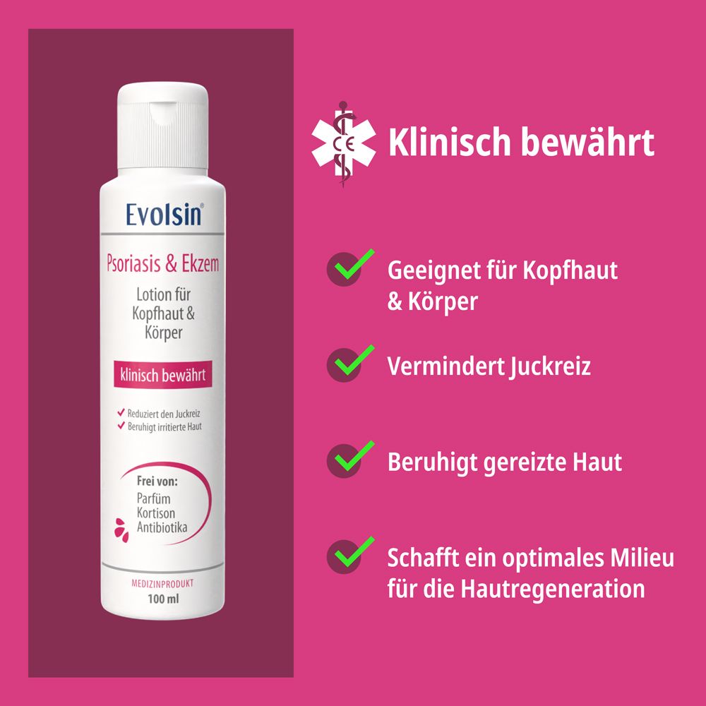 Evolsin Lotion Flasche mit Hinweisen zu Inhaltsstoffen und Anwendung.