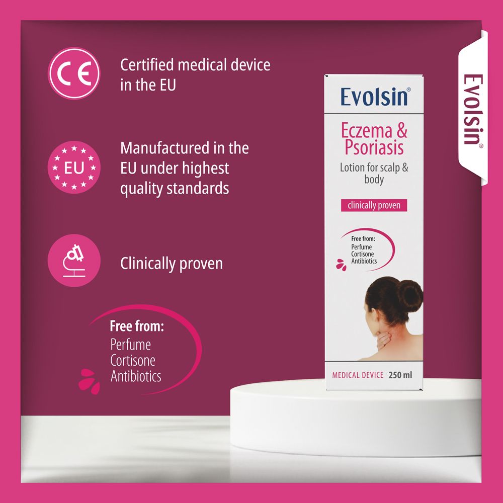 Weiße Flasche mit Lotion. Text: Evolsin Psoriasis & Ekzem Lotion für Kopfhaut & Körper. 100 ml. Medizinprodukt.