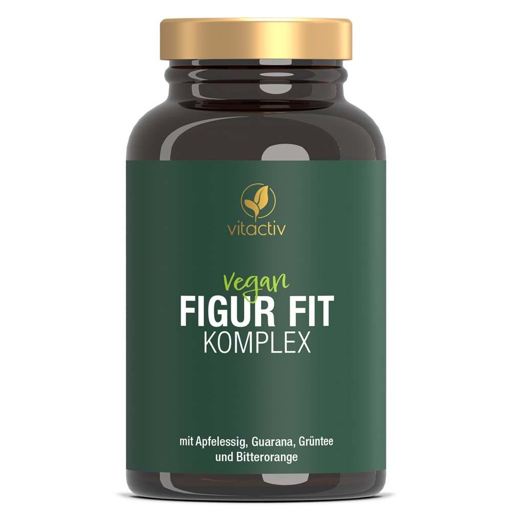 Braune Flasche mit grüner Etikett. Aufschrift: Vegan Figur Fit Komplex. Goldfarbener Deckel. Marke: vitactiv.