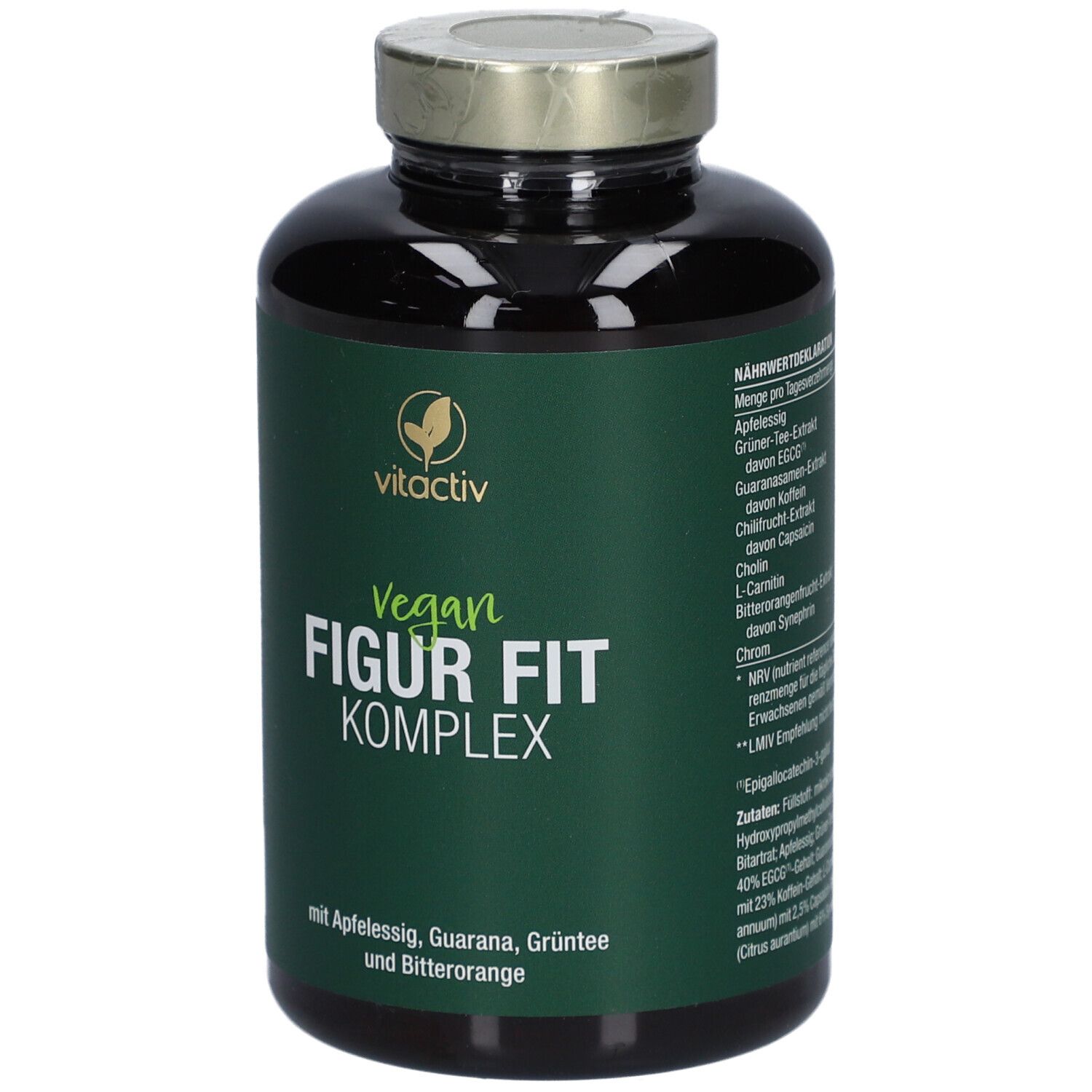Braune Flasche mit grüner Etikett. Aufschrift: Vegan Figur Fit Komplex. Goldfarbener Deckel. Marke: vitactiv.