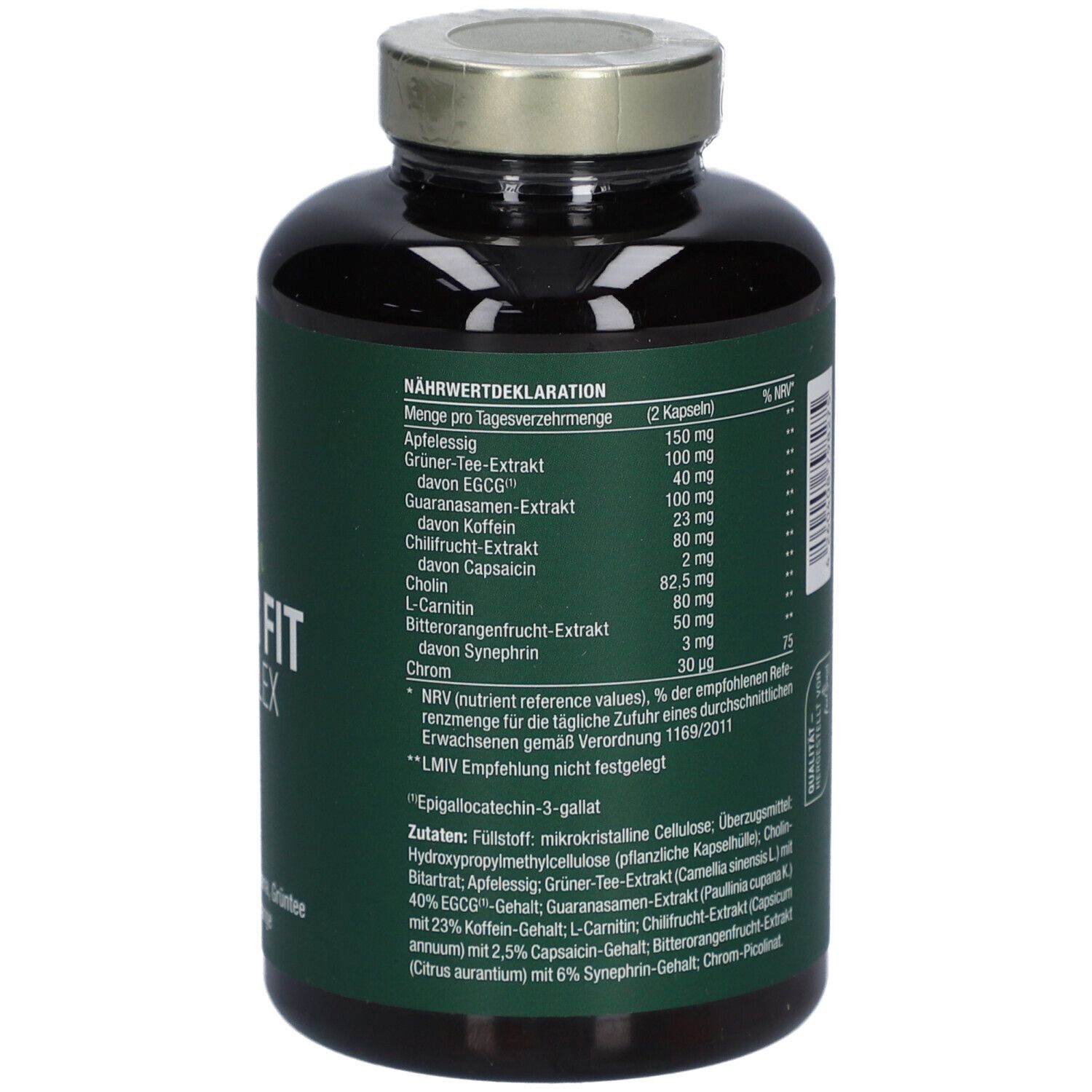 Braune Flasche mit grüner Etikett. Aufschrift: Vegan Figur Fit Komplex. Goldfarbener Deckel. Marke: vitactiv.