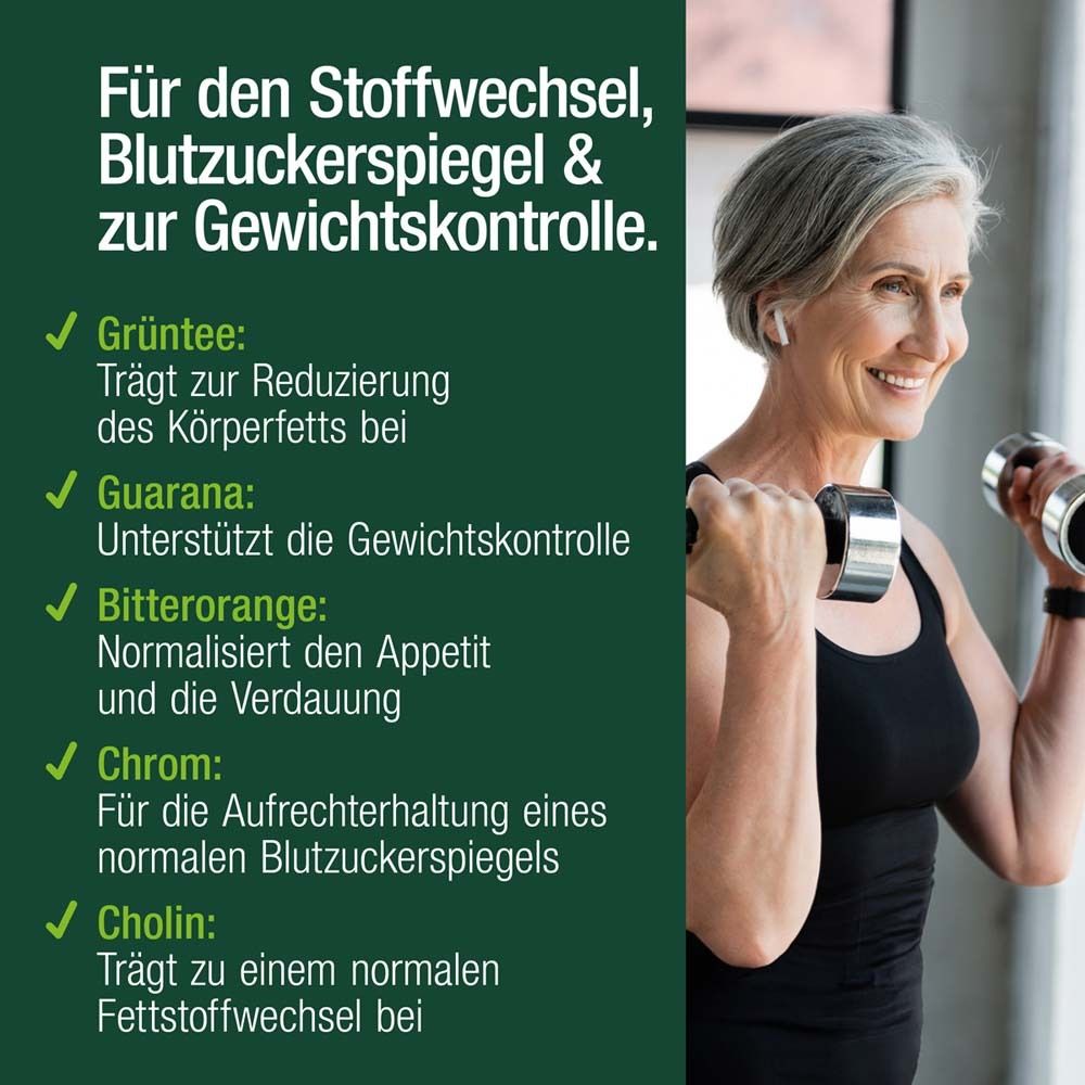 Frau mit Hanteln. Text: Für Stoffwechsel, Blutzuckerspiegel & zur Gewichtskontrolle. Grüntee, Guarana, Bitterorange, Chrom, Cholin.