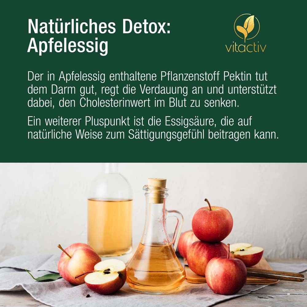 Äpfel, Apfelessig in Flasche. Text: Natürliches Detox: Apfelessig. Text über Pektin und Essigsäure.