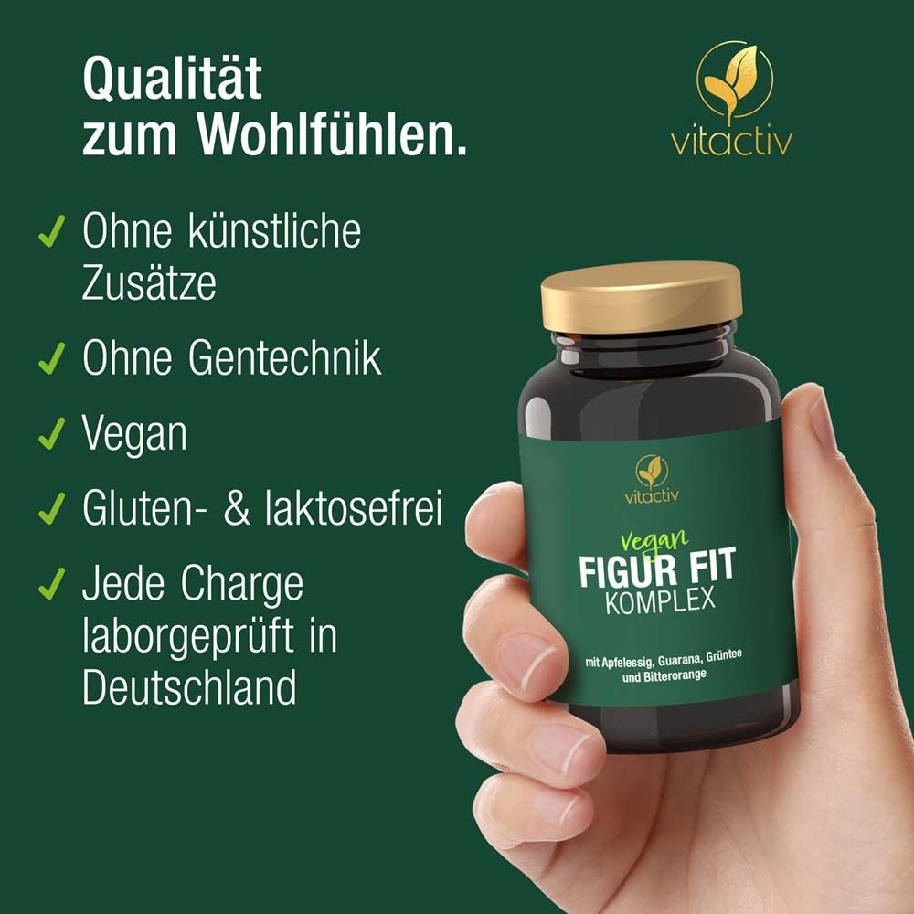 Hand hält Flasche mit grüner Etikett. Aufschrift: Vegan Figur Fit Komplex. Text: Ohne Zusätze, Gentechnik, vegan, glutenfrei.