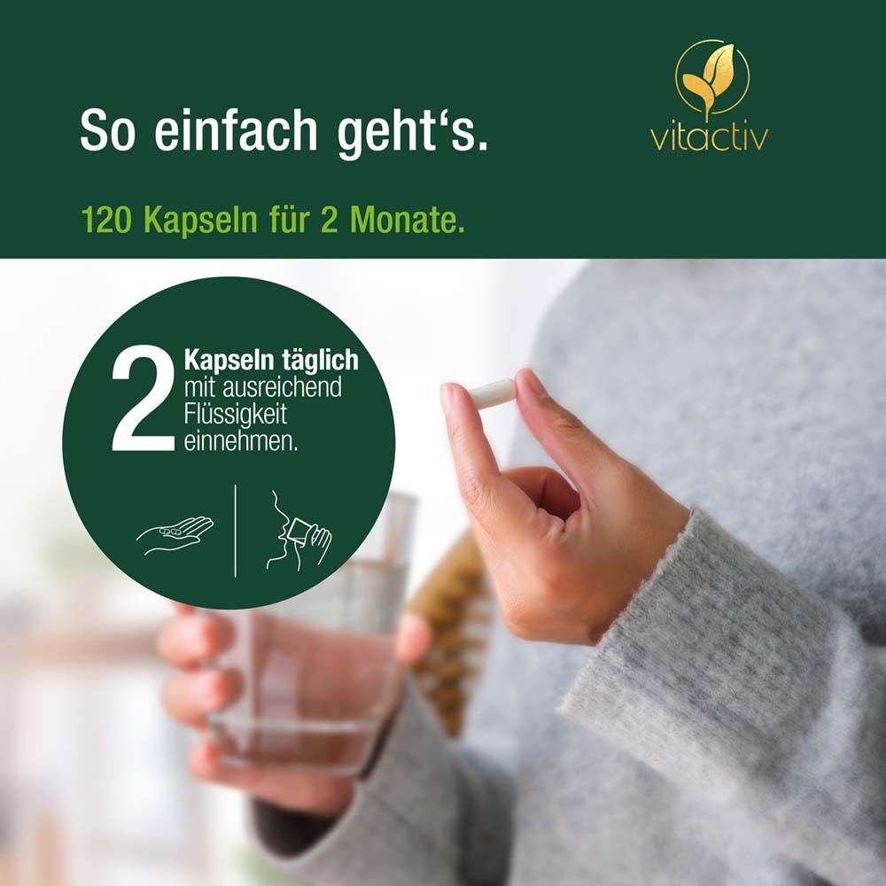 Person nimmt Kapsel mit Wasser. Text: 120 Kapseln für 2 Monate. 2 Kapseln täglich mit Flüssigkeit einnehmen.