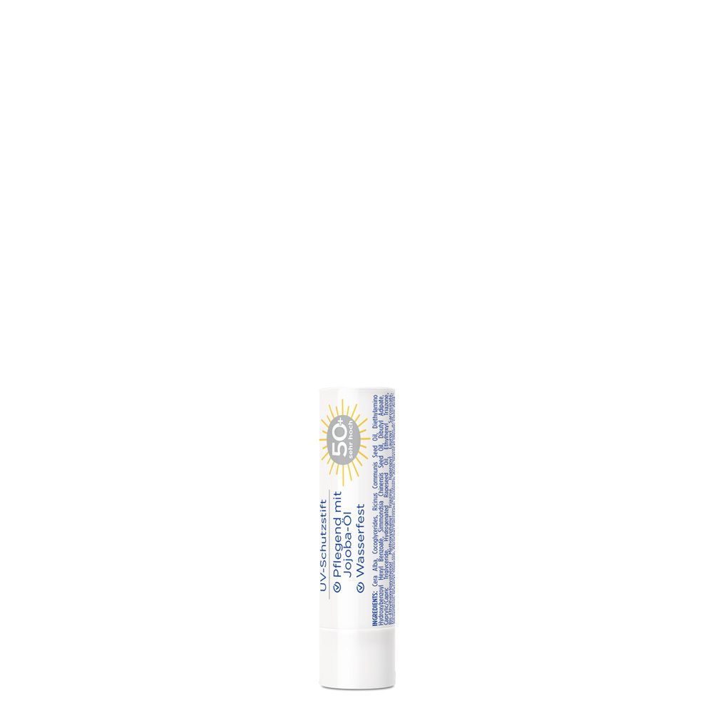 Weißer Lippenpflegestift mit Text: UV-Schutzstift, LSF 50+, Pflege mit Jojoba-Öl, wasserfest.