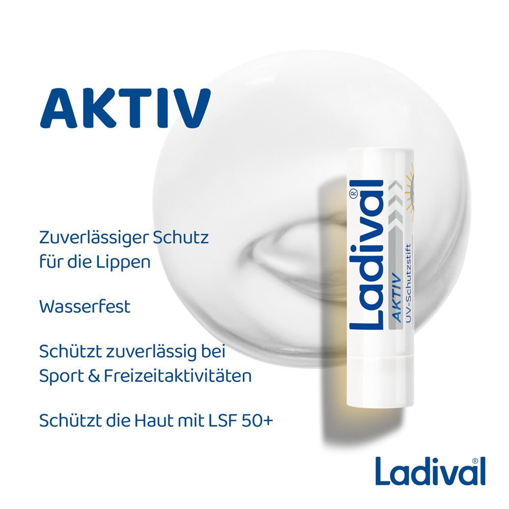 Weißer Hintergrund mit Ladival-Lippenpflegestift. Text: AKTIV, zuverlässiger Schutz, wasserfest, LSF 50+.