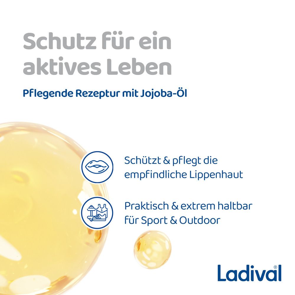 Gelber Hintergrund mit Text: Schutz für ein aktives Leben. Pflegende Rezeptur mit Jojoba-Öl. Lippen-Icon.