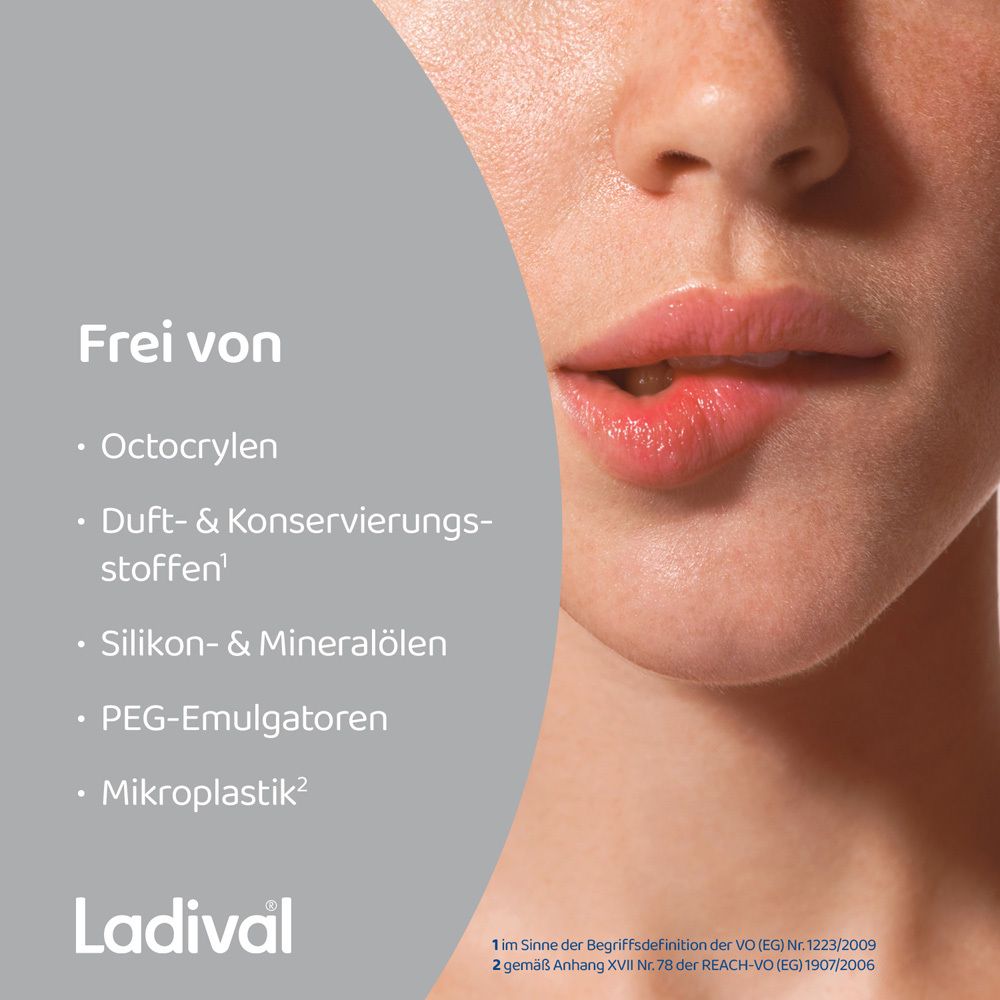 Grauer Hintergrund. Text: Frei von Octocrylen, Duft- & Konservierungsstoffen, Silikon- & Mineralölen, PEG-Emulgatoren.