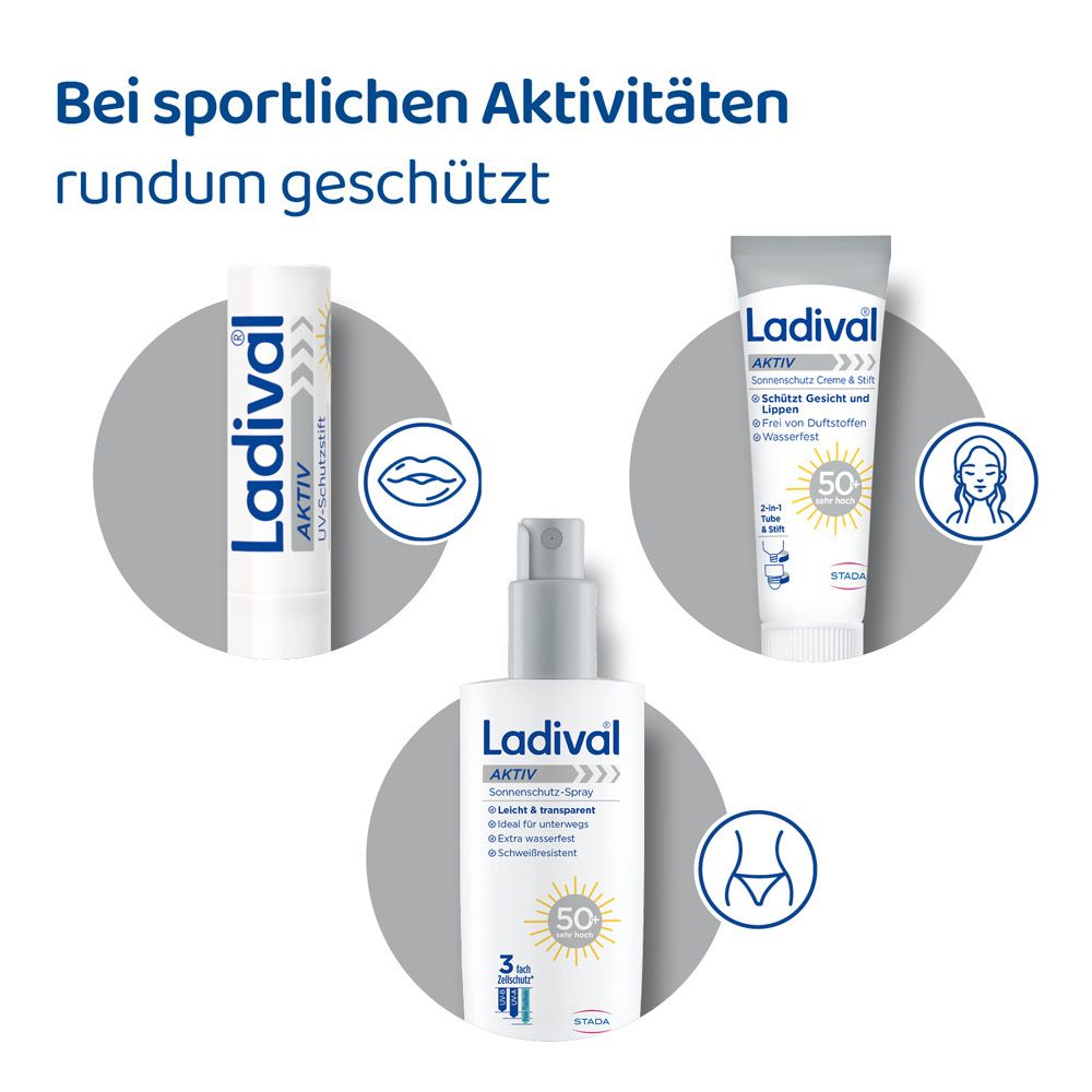 Grauer Hintergrund. Produkte: Lippenpflegestift, Sonnenschutzspray, Sonnencreme. Text: Bei sportlichen Aktivitäten.