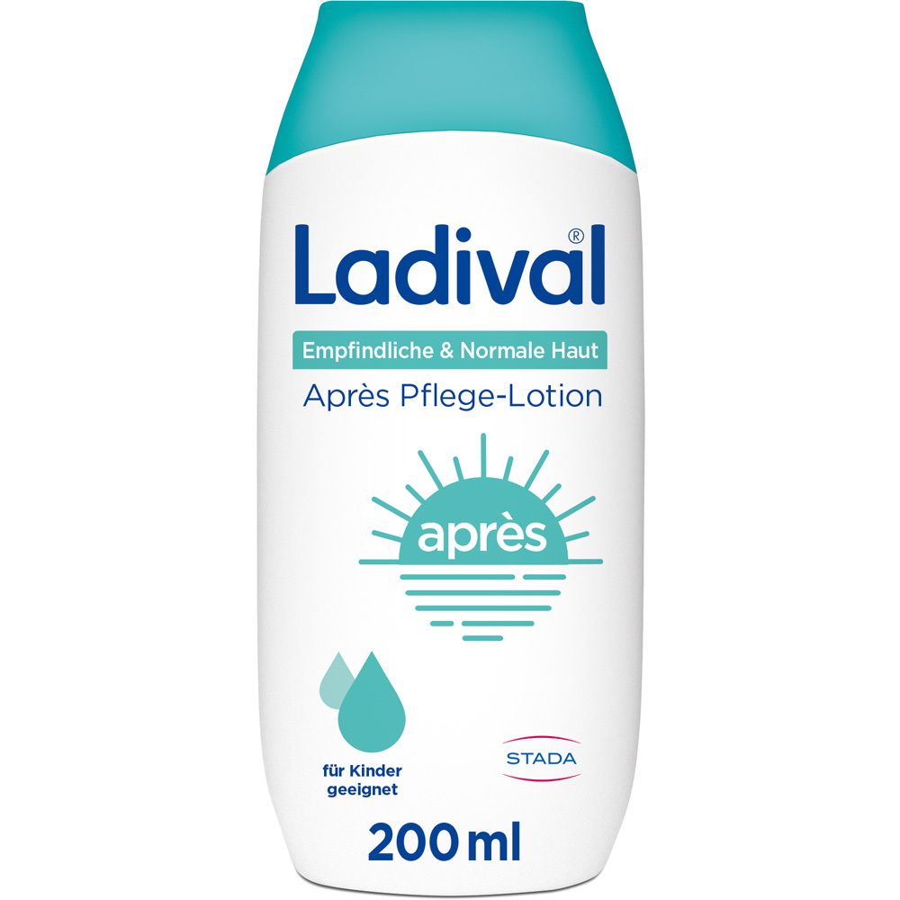 Weiße Flasche mit blauem Deckel. Aufschrift: Ladival, Empfindliche & Normale Haut Après Pflege-Lotion. 200ml. Für Kinder geeignet.