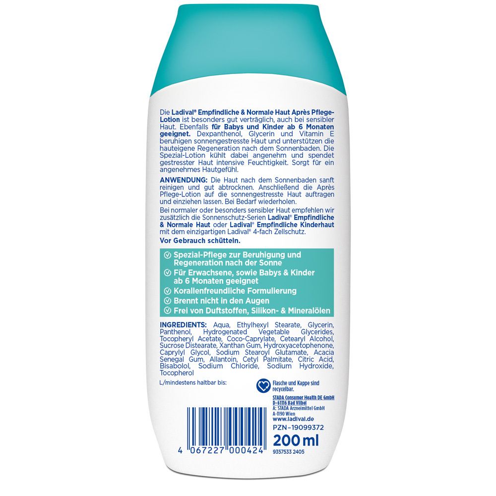 Rückseite der Flasche. Text: Ladival Après Pflege-Lotion. Inhaltsstoffe, Anwendungshinweise. Für Babys & Kinder ab 6 Monaten geeignet. 200ml.