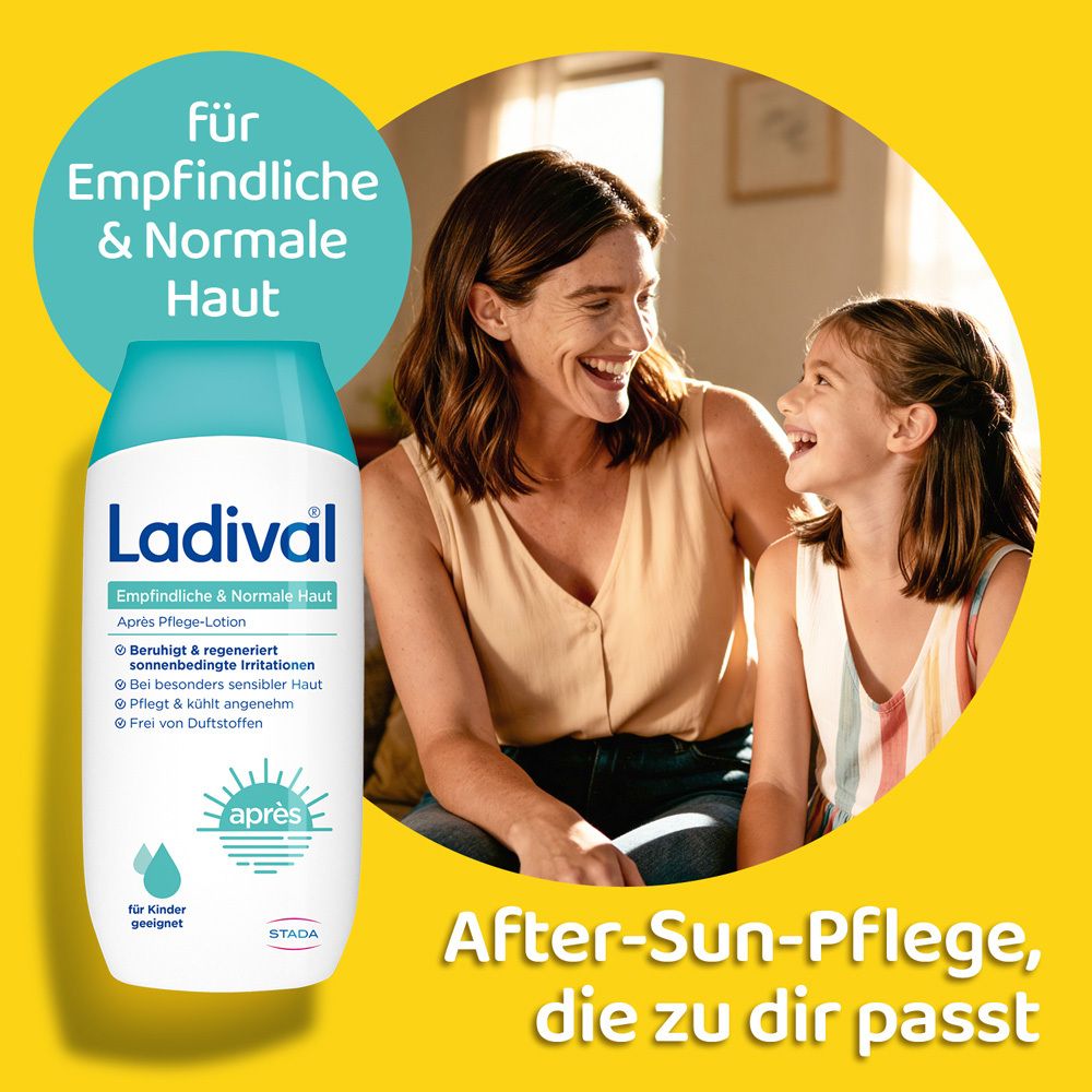 Produkt und Mutter mit Kind. Aufschrift: Ladival, Empfindliche & Normale Haut Après Pflege-Lotion. Text: After-Sun-Pflege, die zu dir passt.