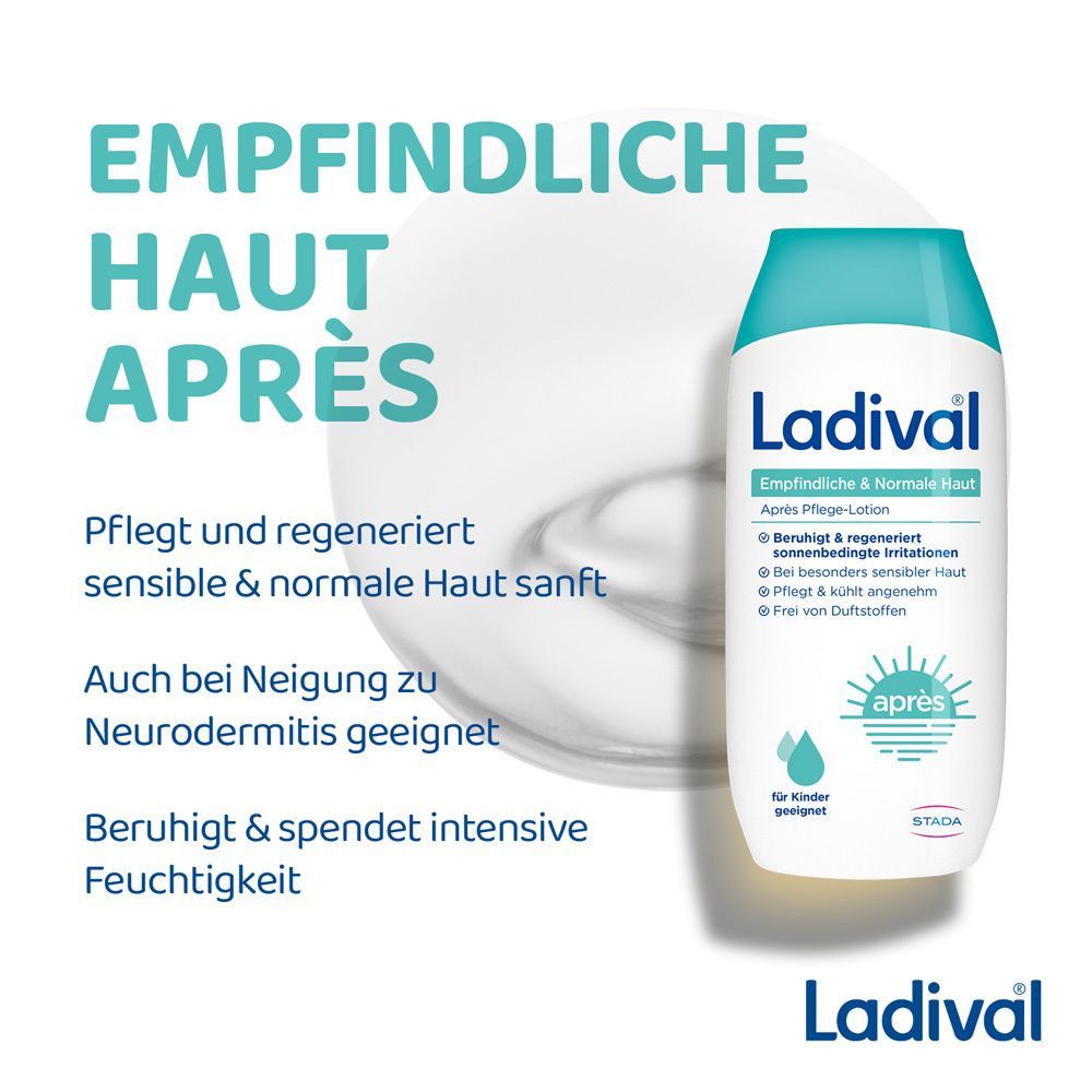 Produkt und transparente Flüssigkeit. Aufschrift: Empfindliche Haut Après. Text: Pflegt und regeneriert sensible & normale Haut sanft.