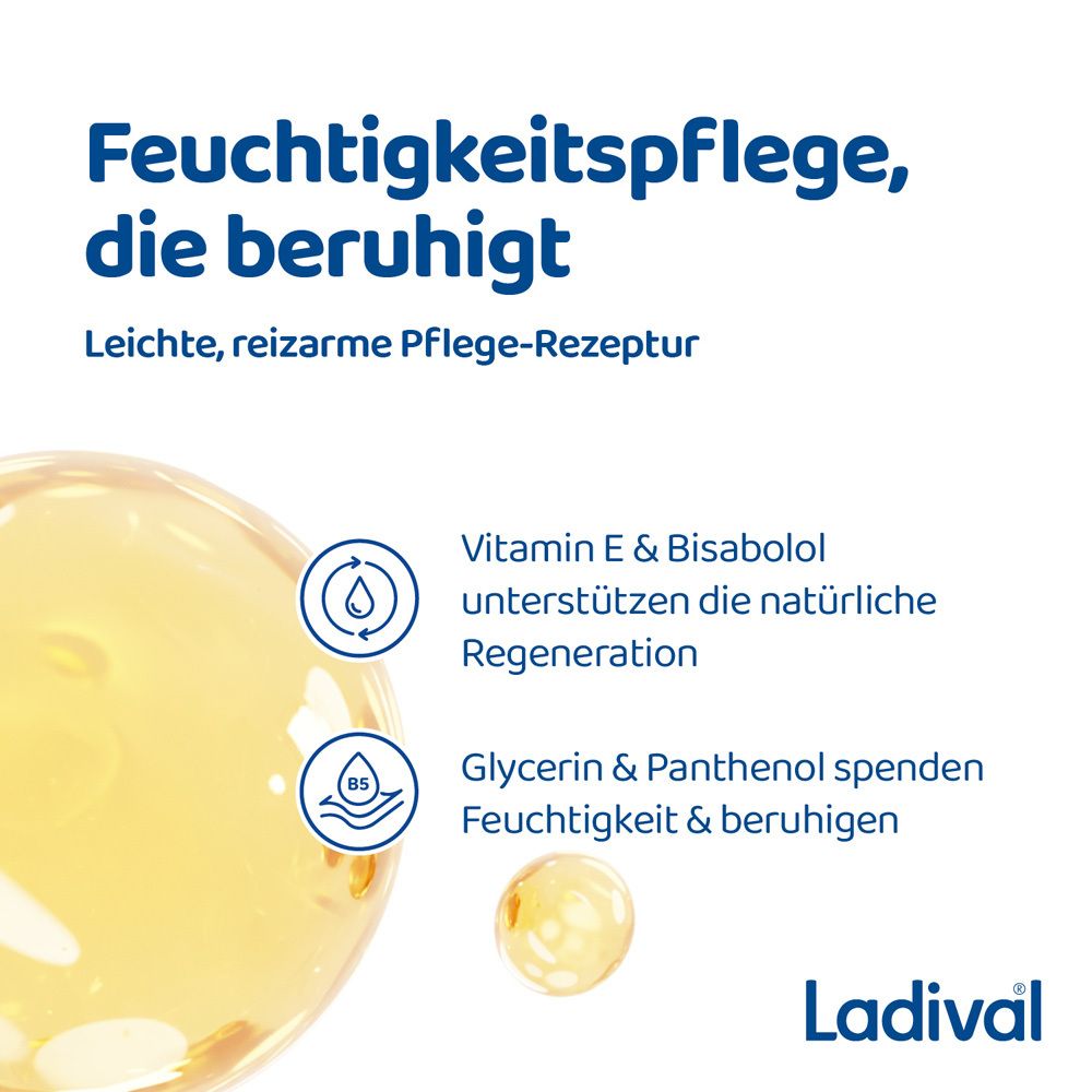 Gelbe Flüssigkeit mit Tropfen. Text: Feuchtigkeitspflege, die beruhigt. Vitamin E & Bisabolol unterstützen die Regeneration.