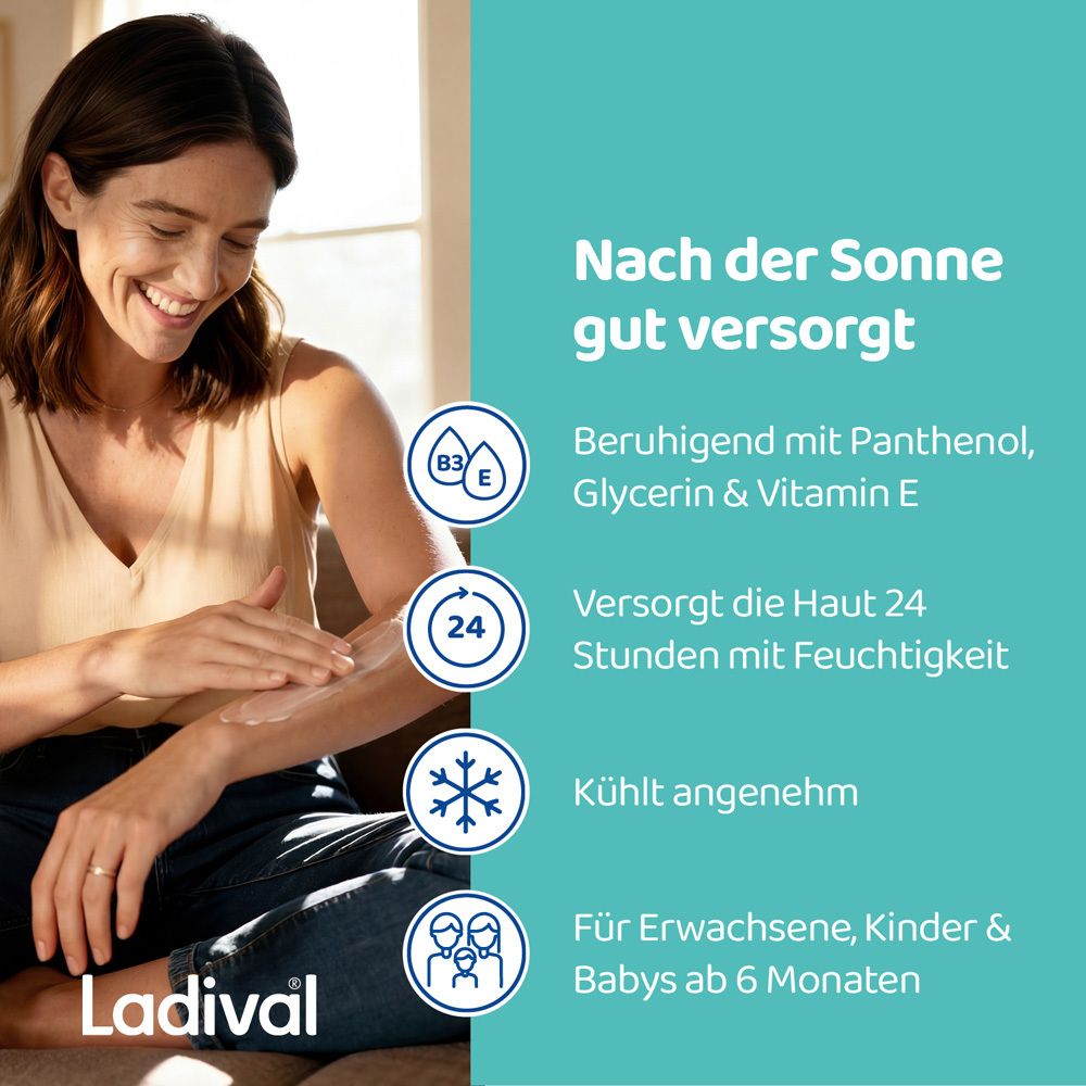 Frau trägt Lotion auf. Text: Nach der Sonne gut versorgt. Beruhigend mit Panthenol, Glycerin & Vitamin E. Für Erwachsene, Kinder & Babys ab 6 Monaten.