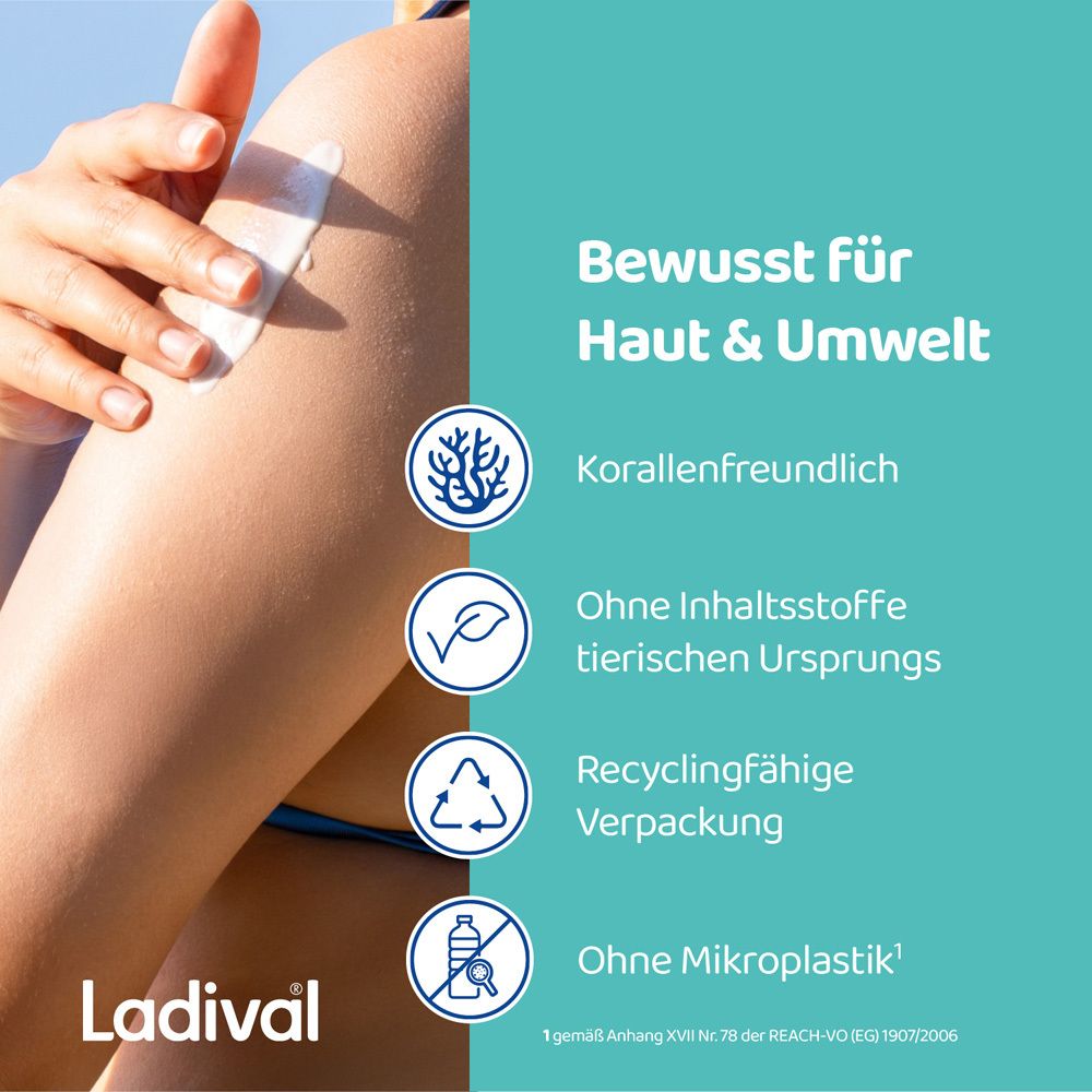 Arm mit Lotion. Text: Bewusst für Haut & Umwelt. Korallenfreundlich. Ohne tierische Inhaltsstoffe. Recyclingfähige Verpackung.