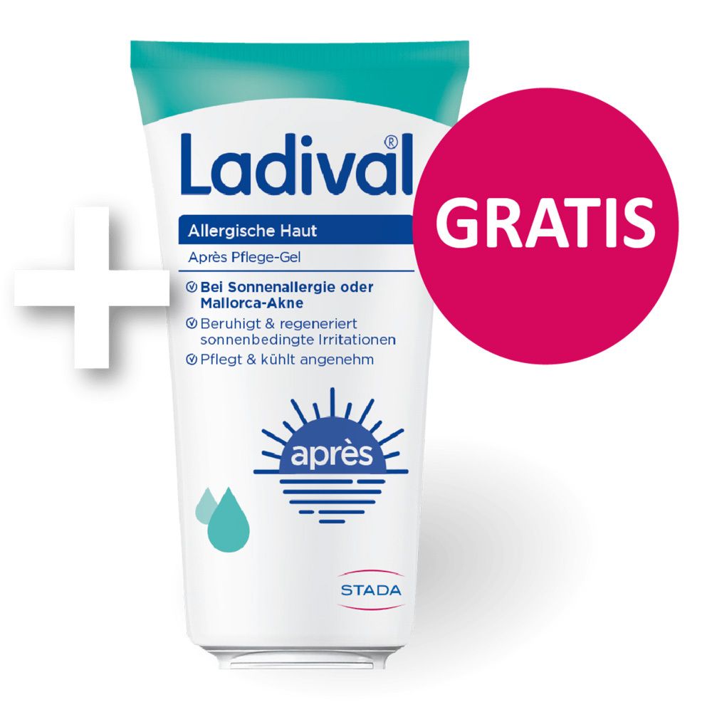 Tube mit grüner Schrift: Ladival, Allergische Haut Après Pflege-Gel. Roter Kreis mit Gratis-Schriftzug.