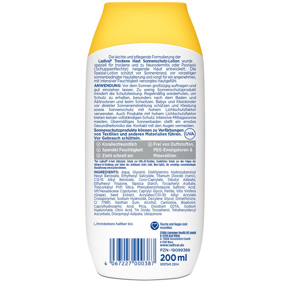 Rückseite der Flasche. Text: Inhaltsstoffe, Anwendung, 200ml, UV-A, frei von Duftstoffen, PEG-Emulgatoren, Mineralölen.
