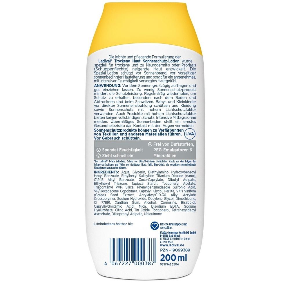 Ladival Sonnenschutz-Gel für Babys und Kinder, 200ml Flasche mit Informationen.