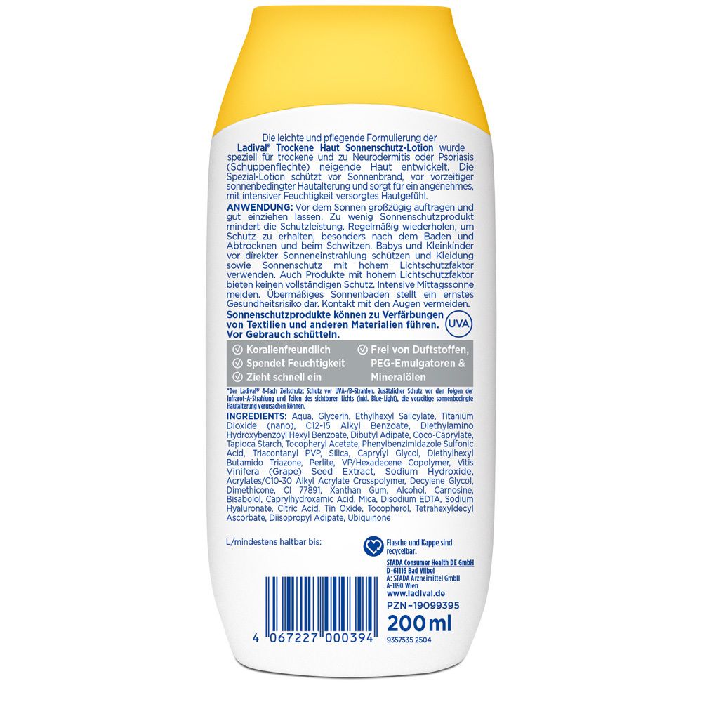Rückseite Ladival Sonnenschutz-Lotion LSF 30 mit Inhaltsstoffen und Anwendung.