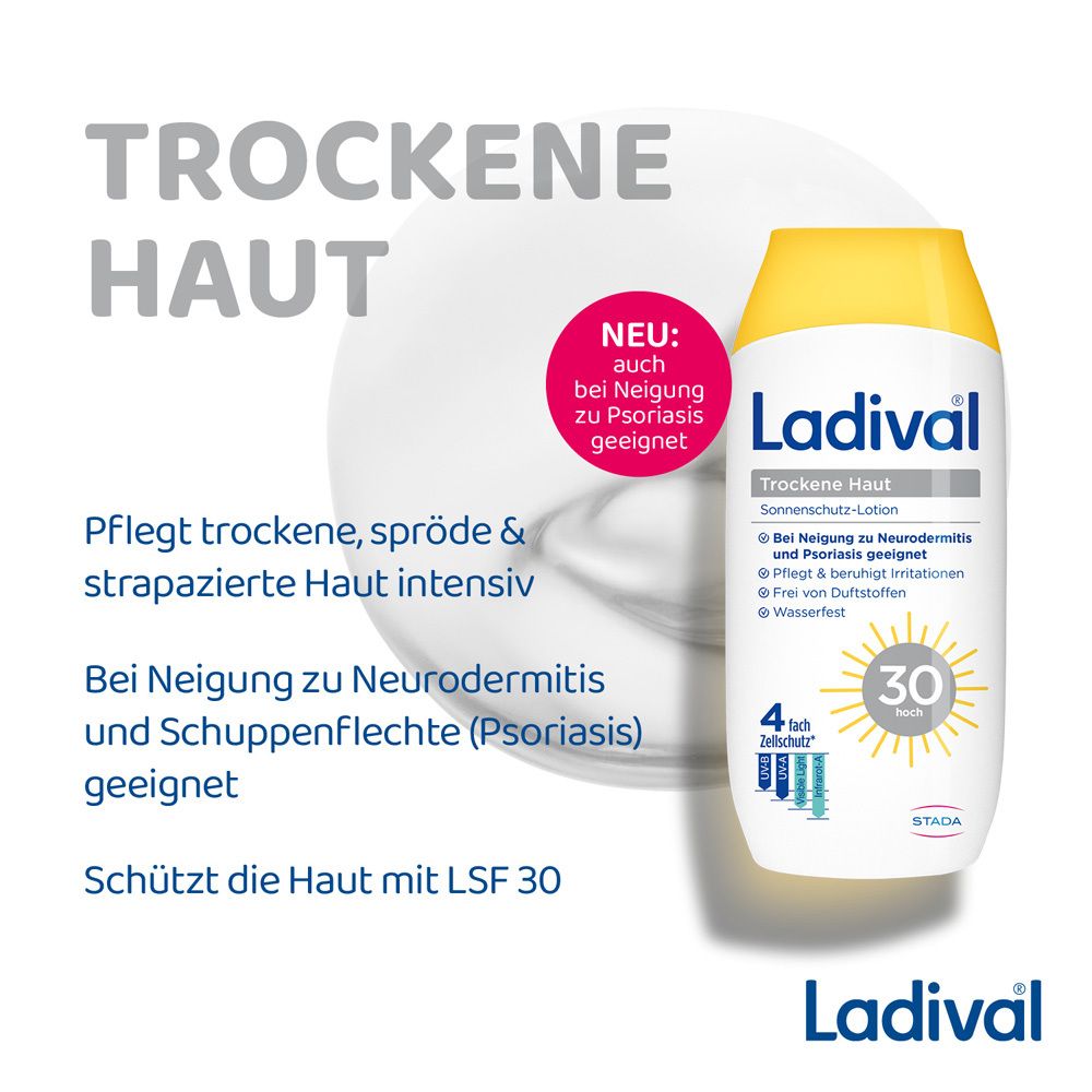 Ladival Sonnenschutz-Lotion LSF 30 für trockene Haut, auch bei Neigung zu Psoriasis.