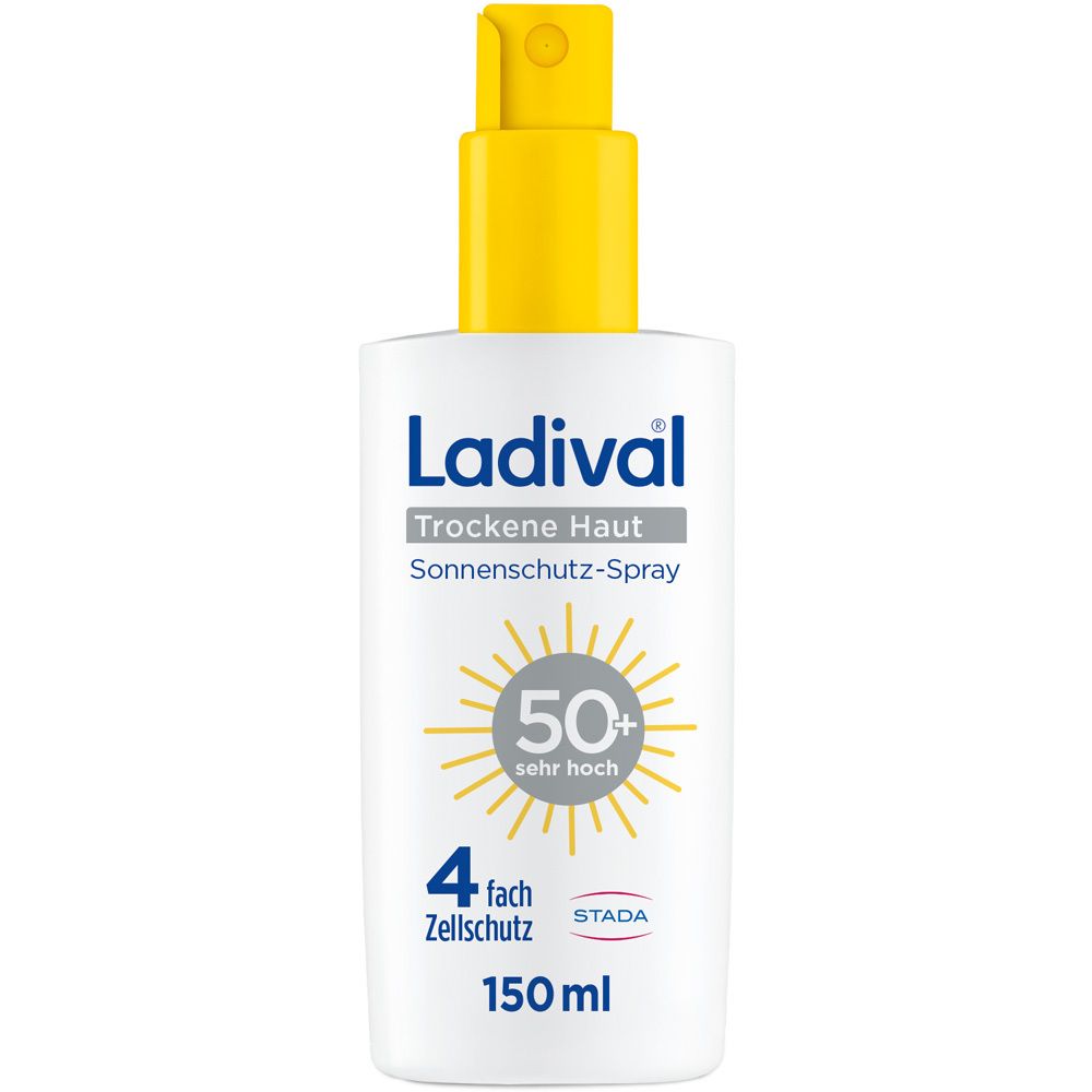 Ladival Trockene Haut Sonnenschutz-Spray LSF 50+ Körper. Weiße Flasche mit gelbem Sprühkopf. Text und Sonnensymbol.